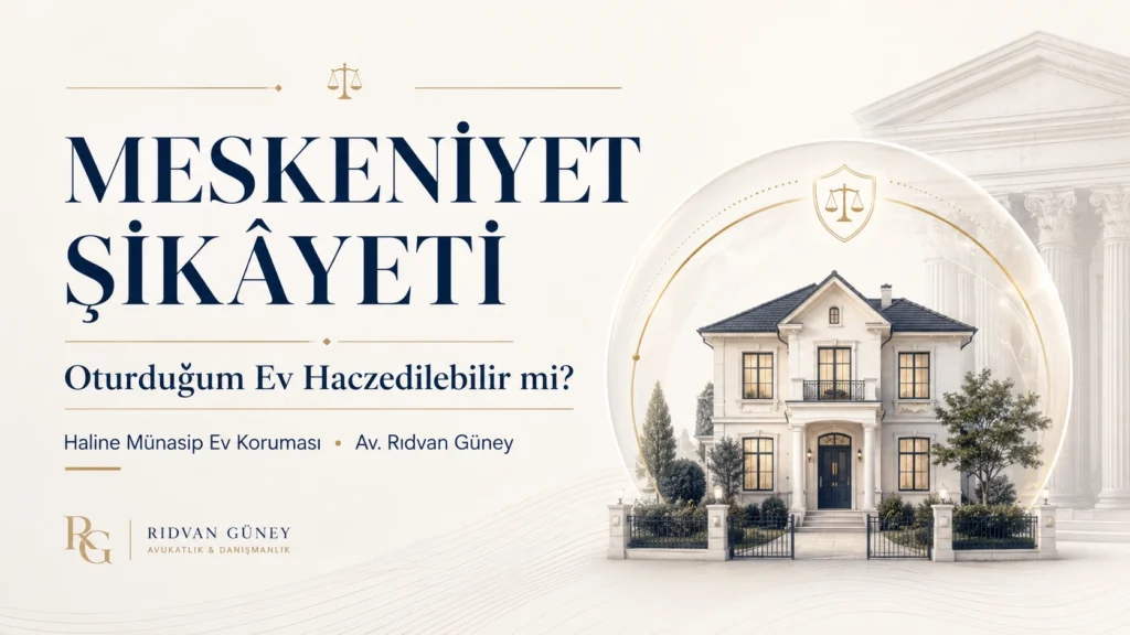 Meskeniyet şikayeti kapak görseli: cam küre içinde korunan ev ve adalet terazisi