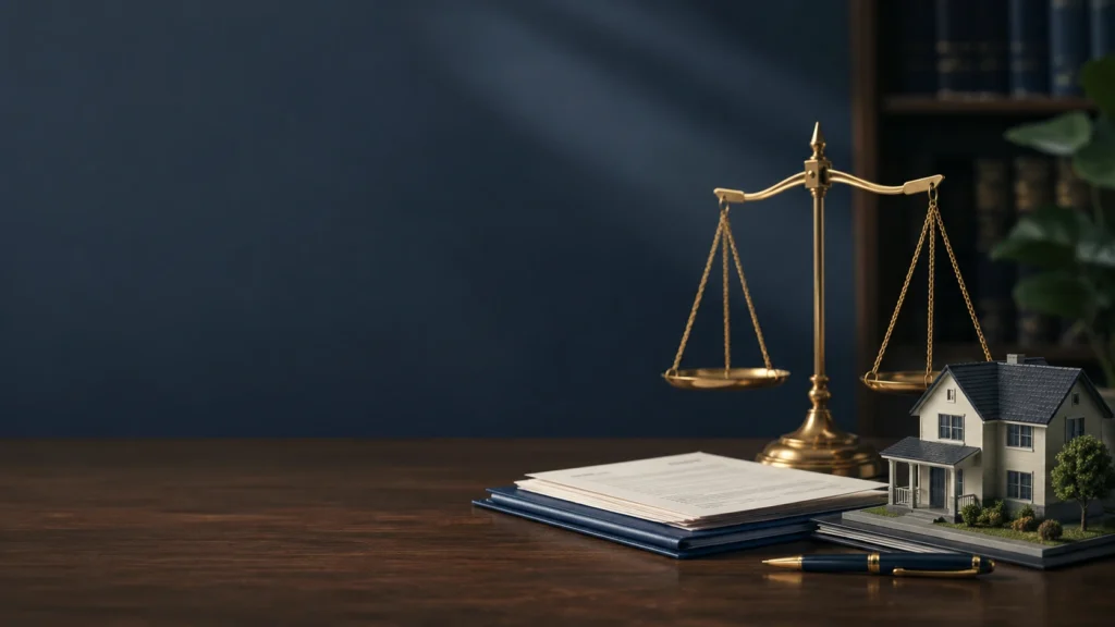 Tasarrufun iptali davası kapak görseli: adalet terazisi, ev maketi ve masada duran dava dosyası