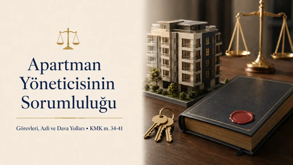Apartman yöneticisinin sorumluluğu makalesi kapak görseli: çok katlı apartman maketi, mühürlü karar defteri, anahtarlar ve adalet terazisi